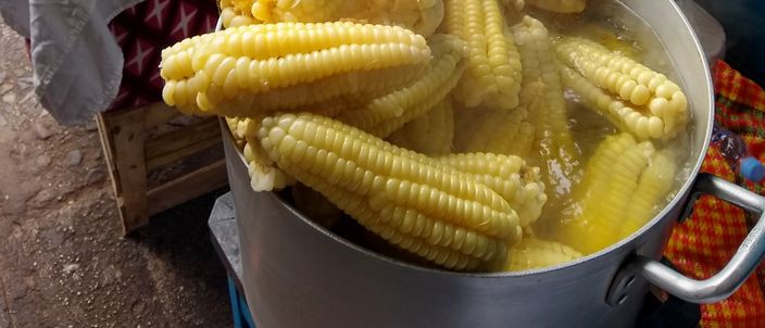 A steaming aluminium pot of cooked choclo — large-kernelled Andean corn — piled above the water at a Cusco market stall.