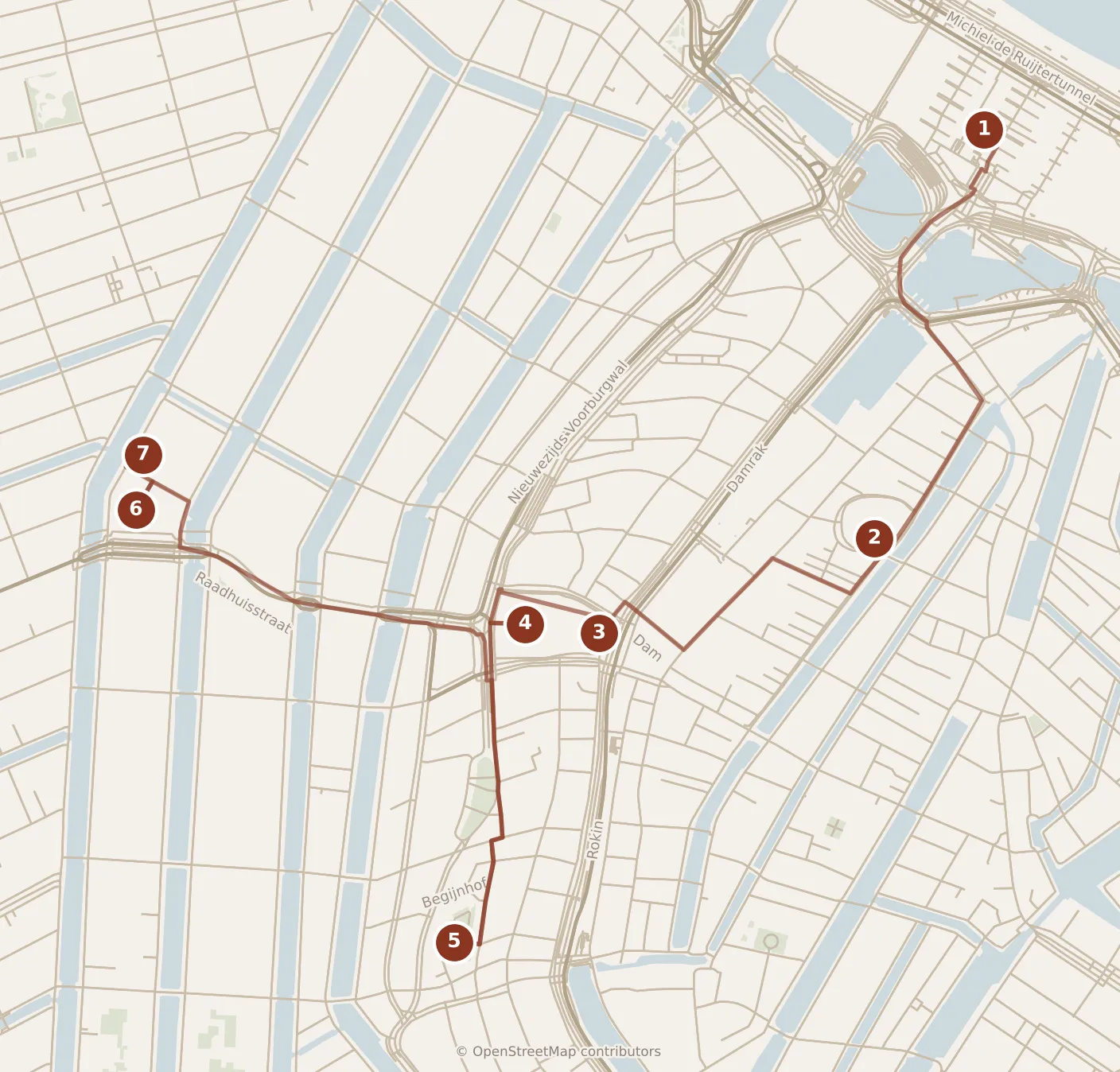 Map of Amsterdam, morning: stops 1–7, numbered in walking order.