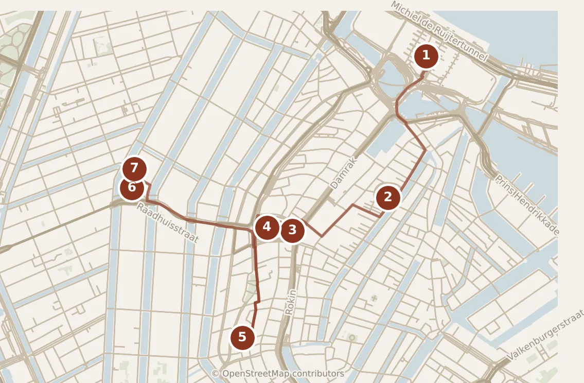 Map of Amsterdam, morning: stops 1–7, numbered in walking order.