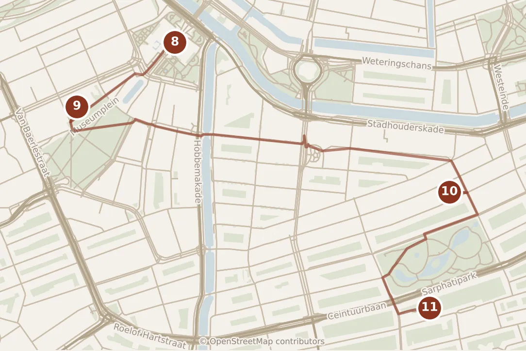 Map of Amsterdam, afternoon and evening: stops 8–11, numbered in walking order.