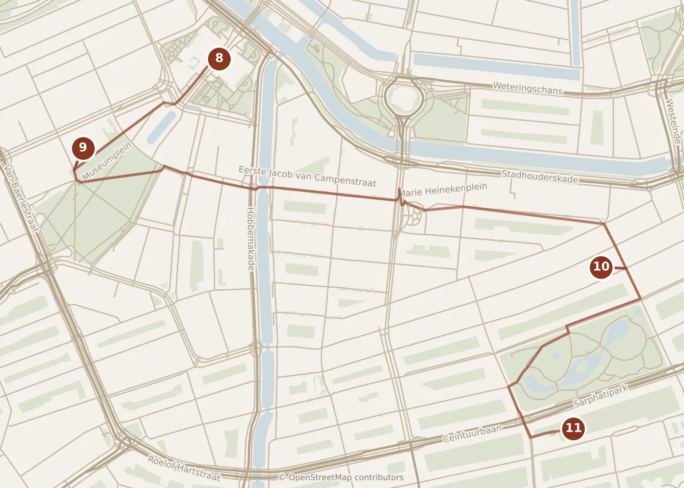 Map of Amsterdam, afternoon and evening: stops 8–11, numbered in walking order.