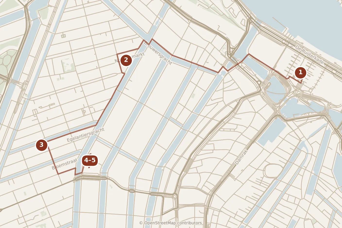 Map of Amsterdam, morning: stops 1–5, numbered in walking order.
