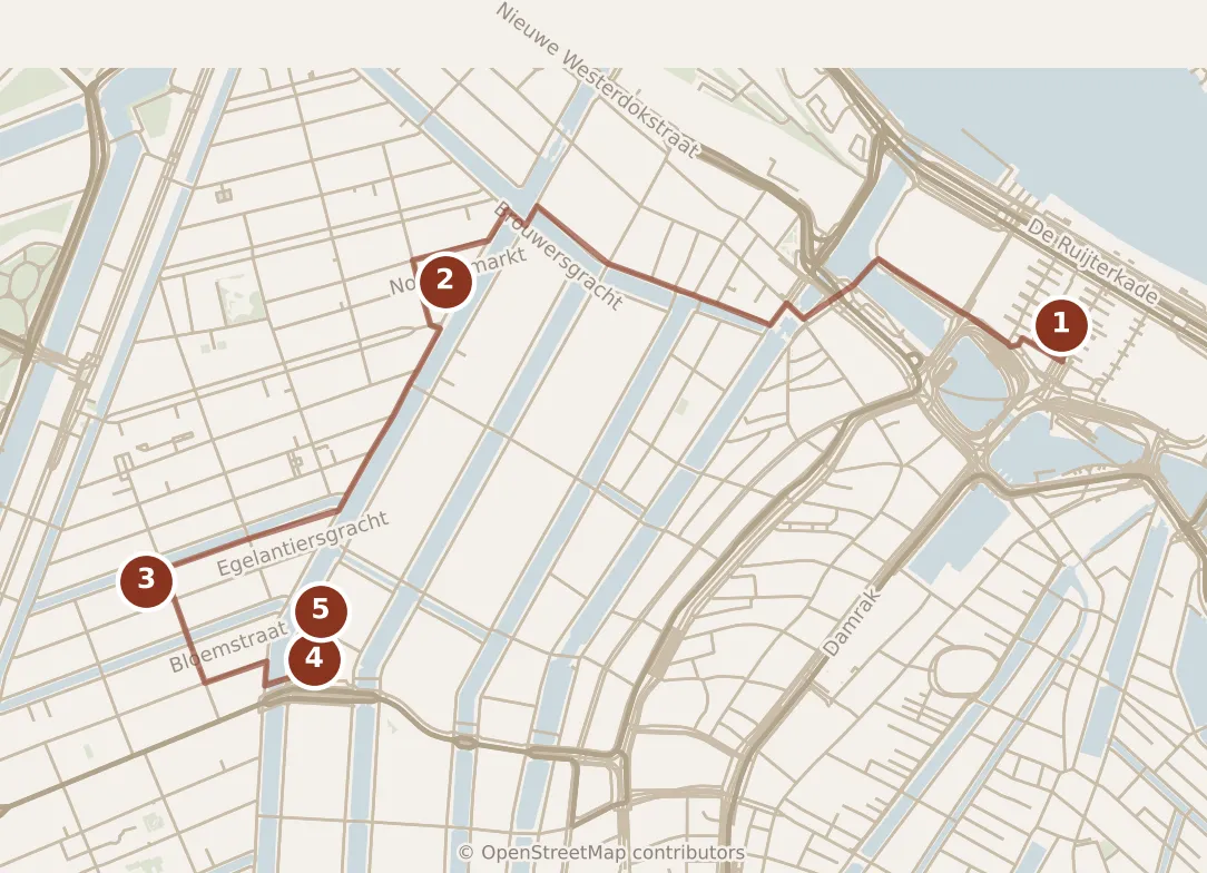 Map of Amsterdam, morning: stops 1–5, numbered in walking order.