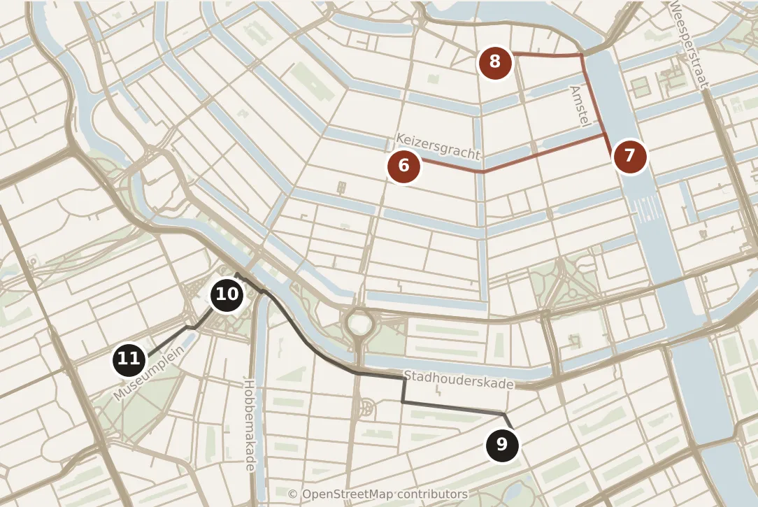 Map of Amsterdam, day one and day two: stops 6–11, numbered in walking order.