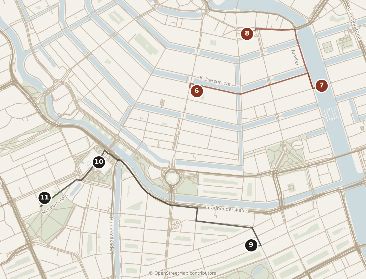 Map of Amsterdam, day one and day two: stops 6–11, numbered in walking order.