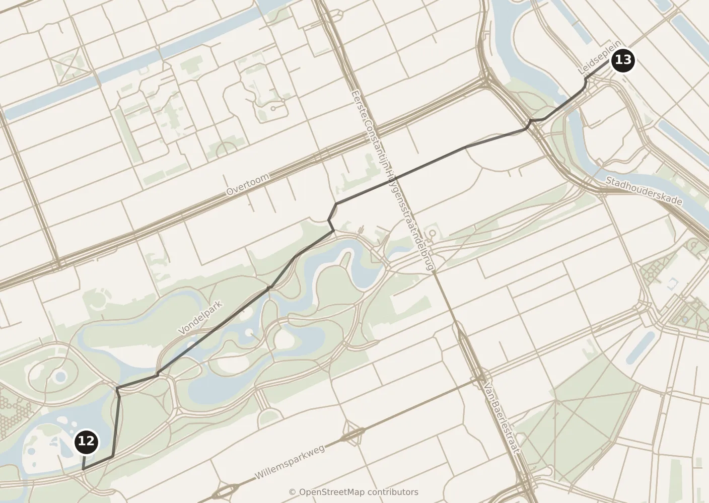 Map of Amsterdam, evening: stops 12–13, numbered in walking order.
