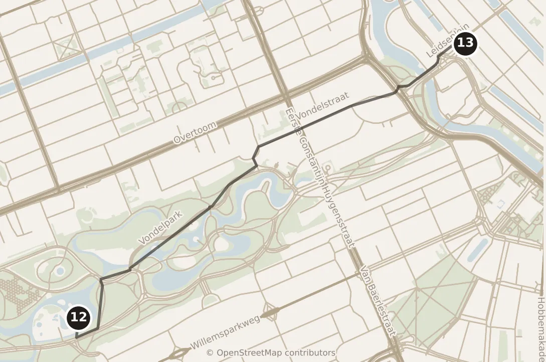 Map of Amsterdam, evening: stops 12–13, numbered in walking order.
