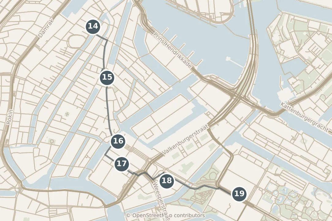Map of Amsterdam, with a third day: stops 14–19, numbered in walking order.