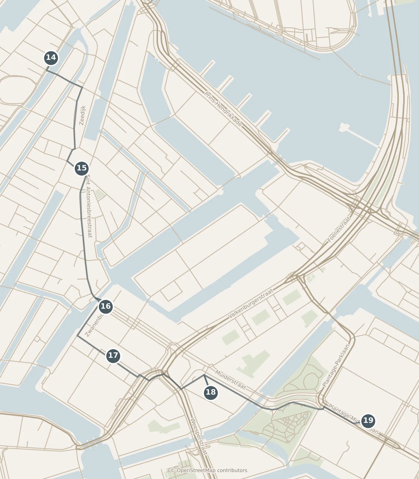 Map of Amsterdam, with a third day: stops 14–19, numbered in walking order.
