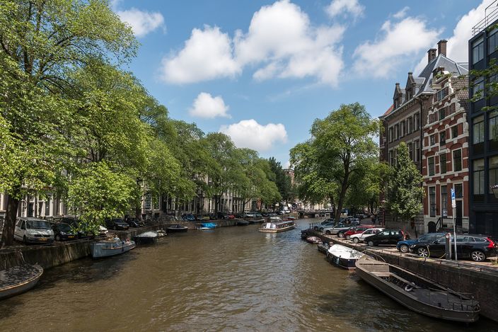 A tree-lined stretch of the Herengracht canal in full summer leaf, gabled brick merchant houses along the right bank, moored boats and parked cars down both quays, seen from a bridge along the length of the water.