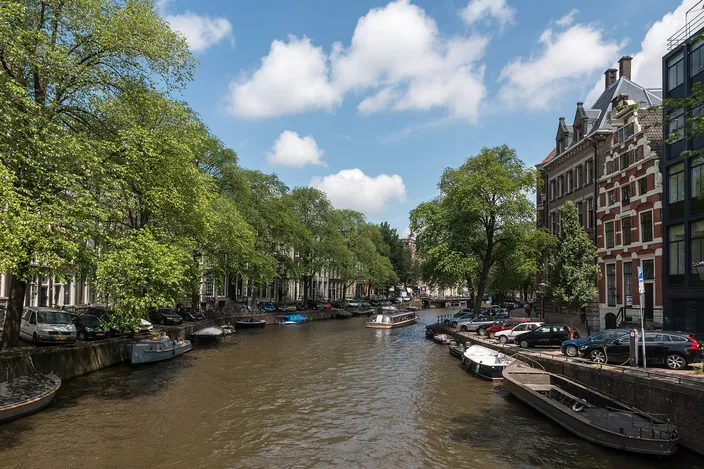 A tree-lined stretch of the Herengracht canal in full summer leaf, gabled brick merchant houses along the right bank, moored boats and parked cars down both quays, seen from a bridge along the length of the water.