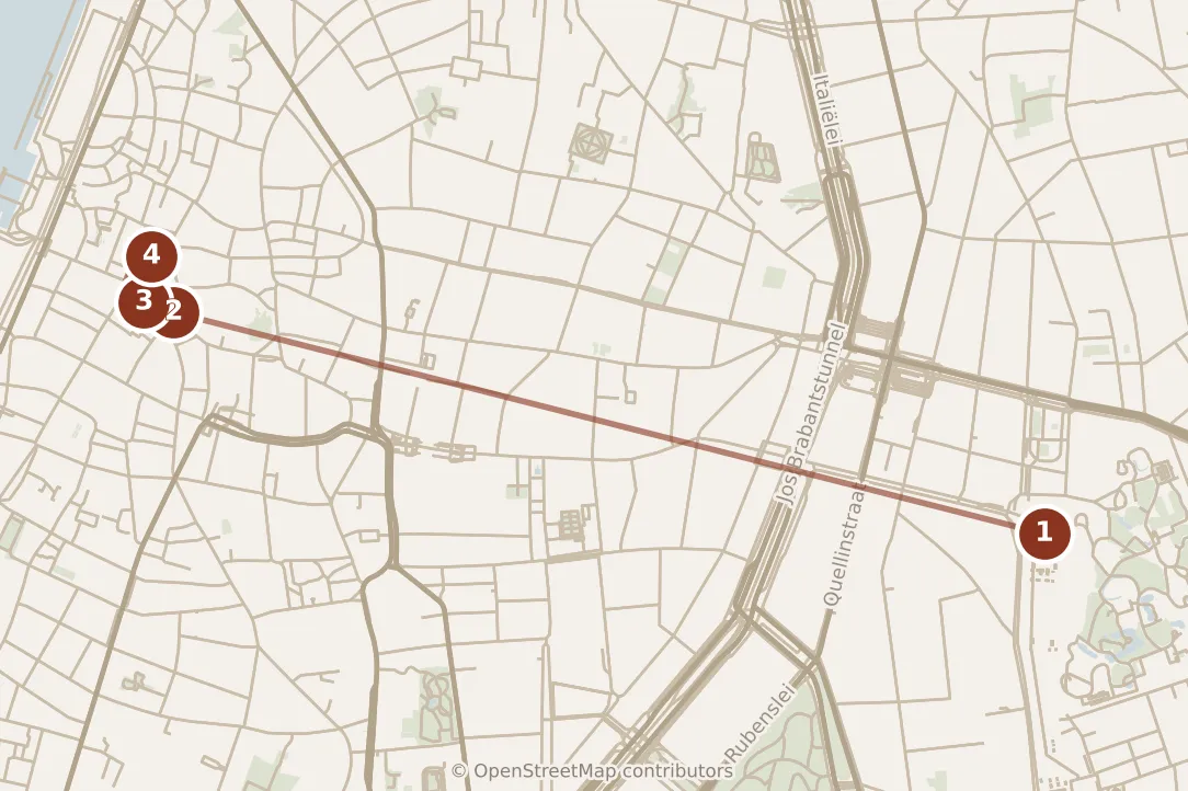 Map of Antwerp, morning: stops 1–4, numbered in walking order.