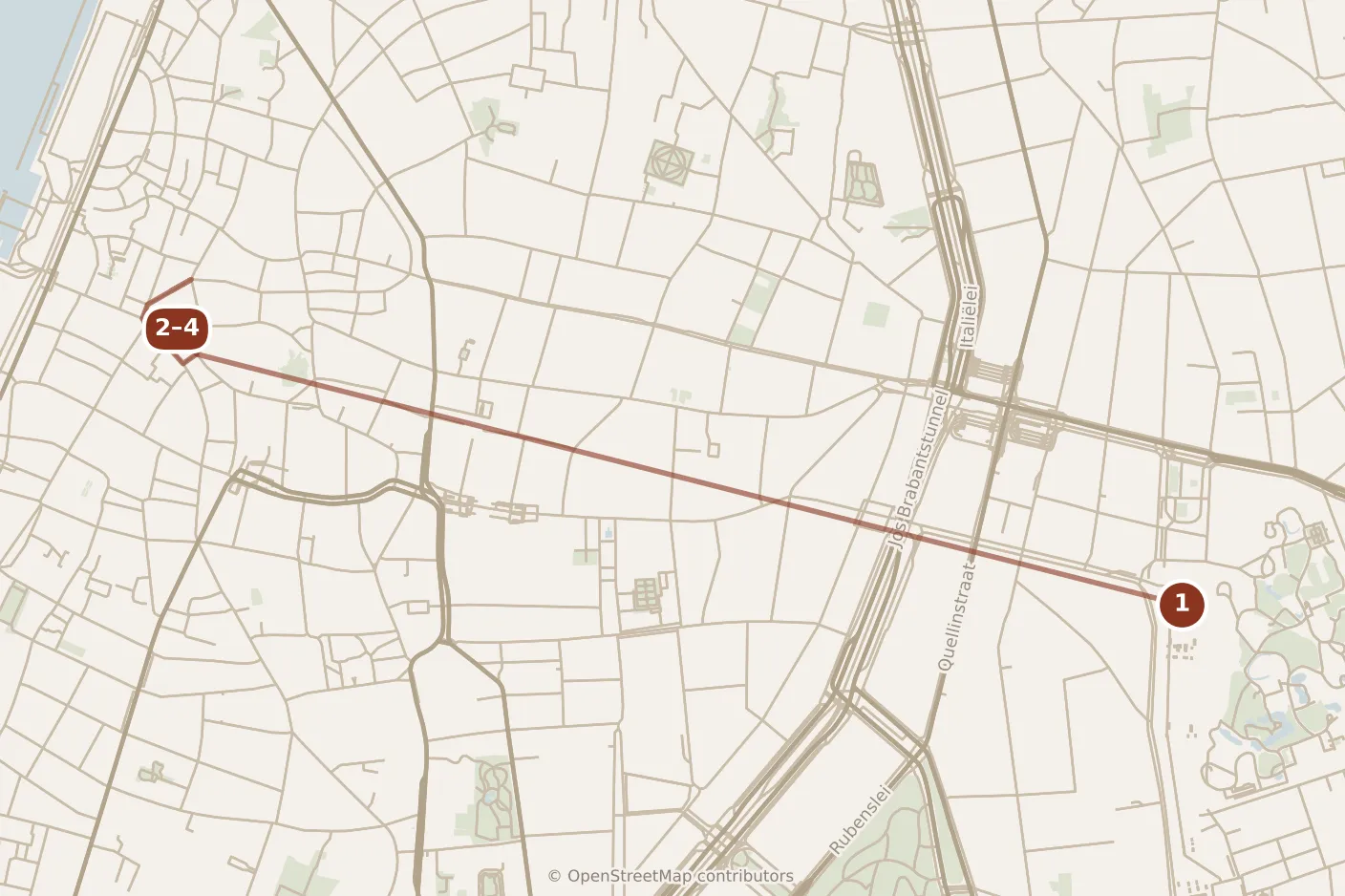 Map of Antwerp, morning: stops 1–4, numbered in walking order.
