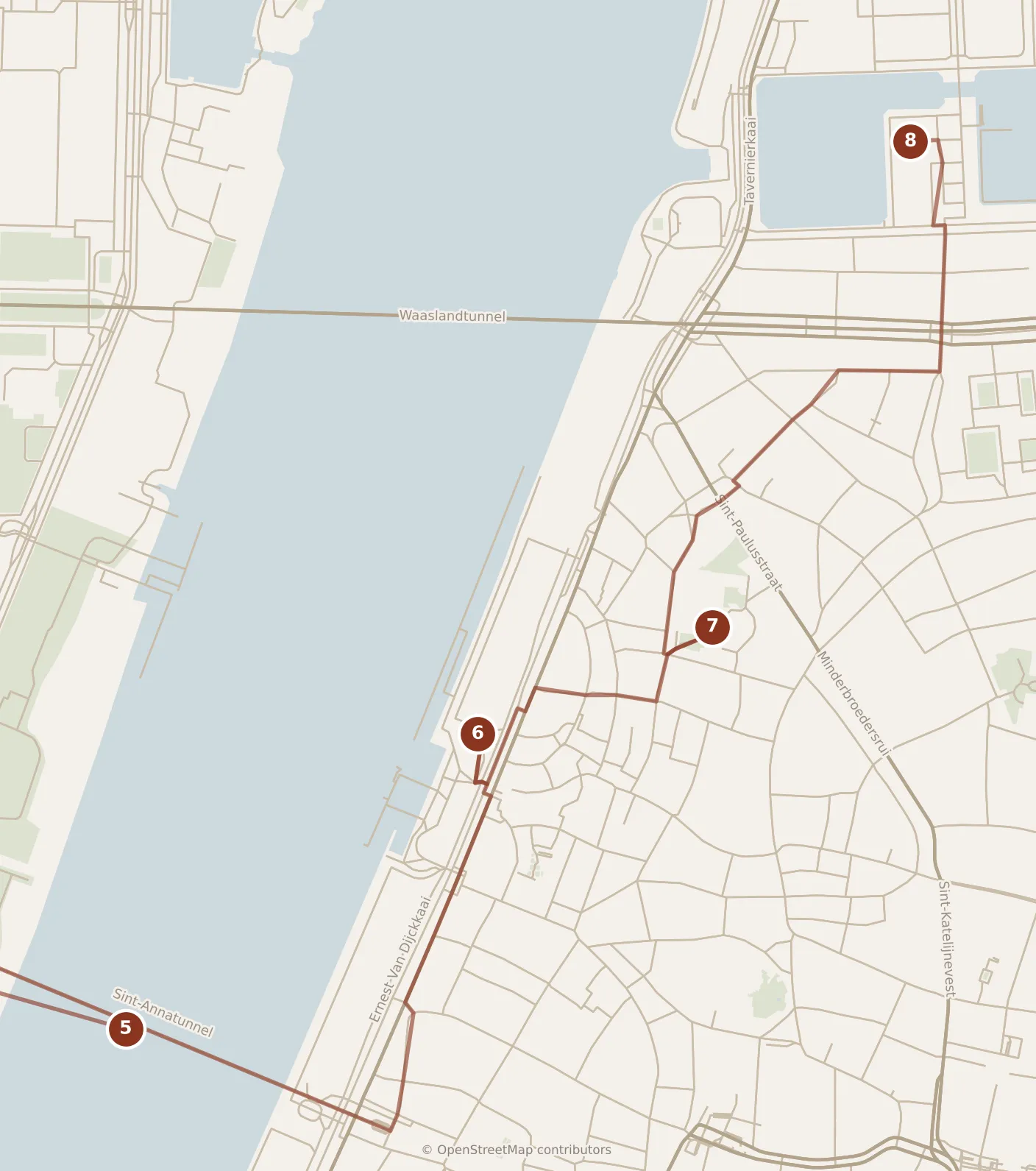 Map of Antwerp, afternoon and evening: stops 5–8, numbered in walking order.