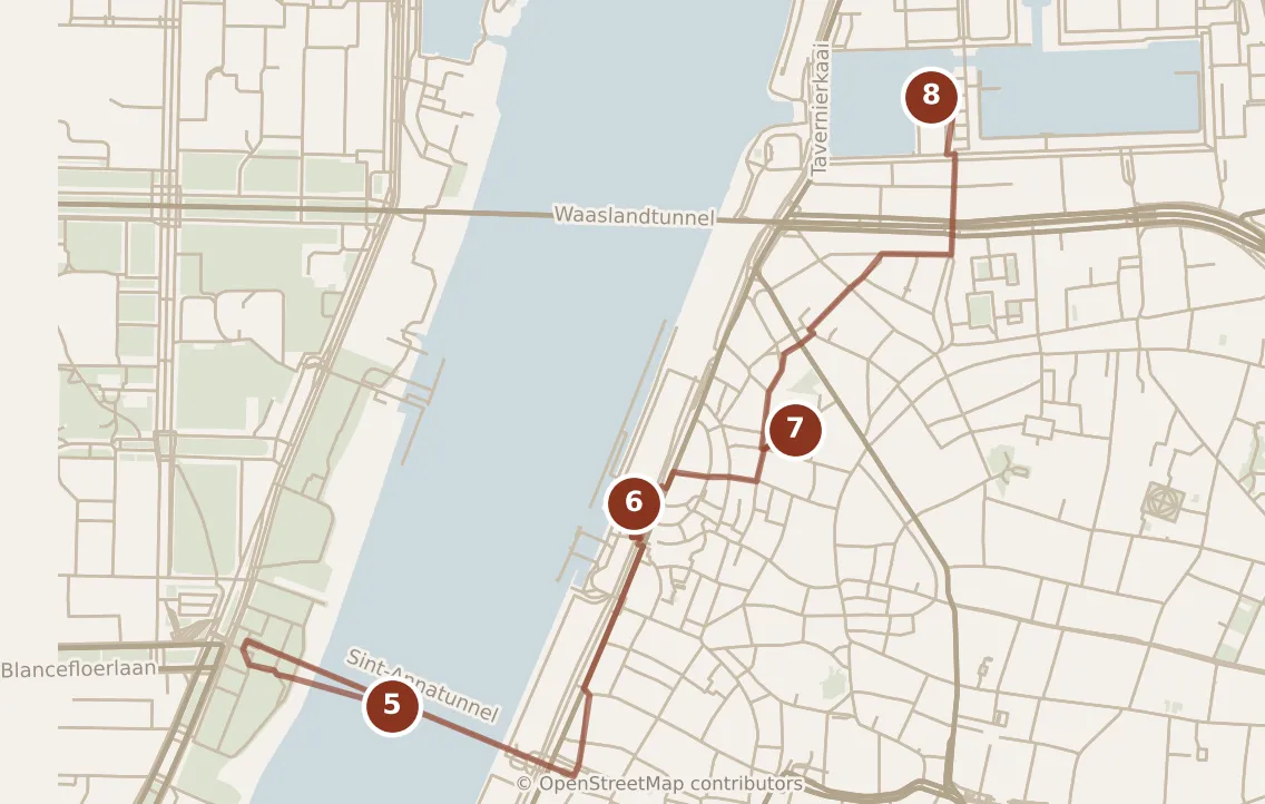 Map of Antwerp, afternoon and evening: stops 5–8, numbered in walking order.