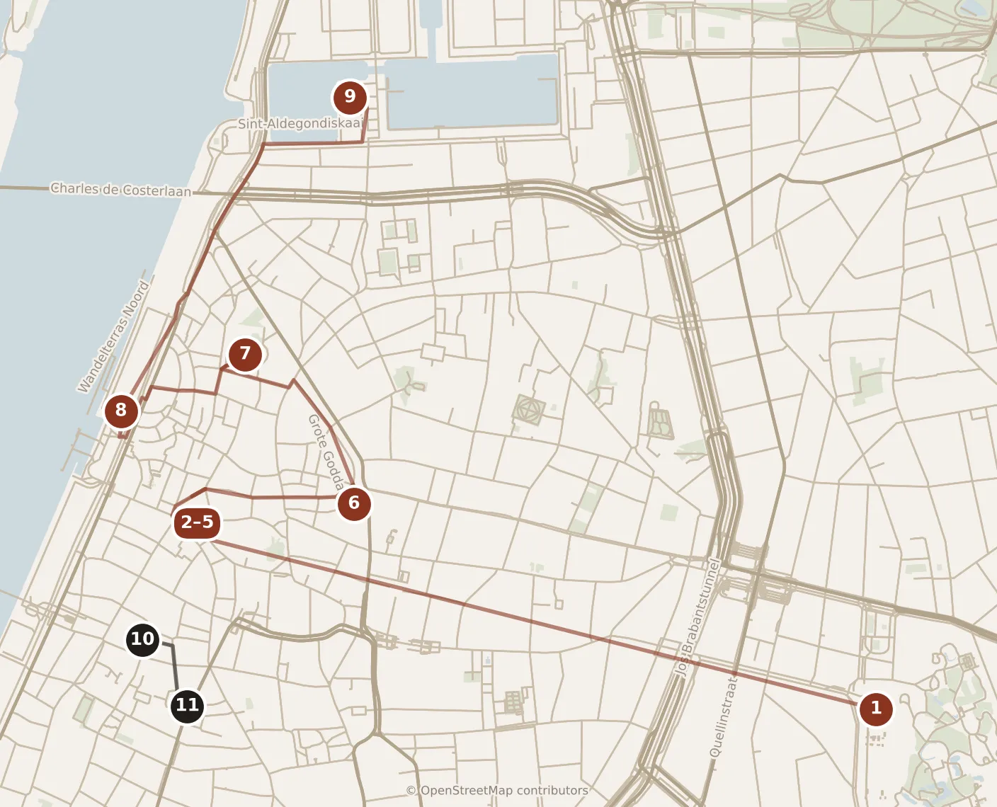 Map of Antwerp, day one and day two: stops 1–11, numbered in walking order.