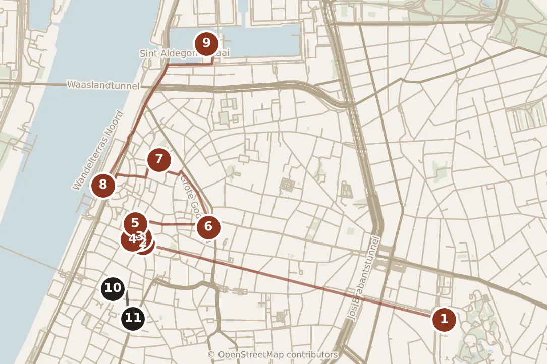 Map of Antwerp, day one and day two: stops 1–11, numbered in walking order.