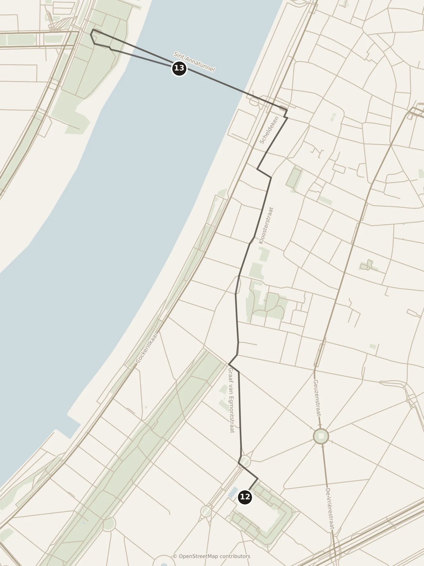Map of Antwerp, afternoon and evening: stops 12–13, numbered in walking order.
