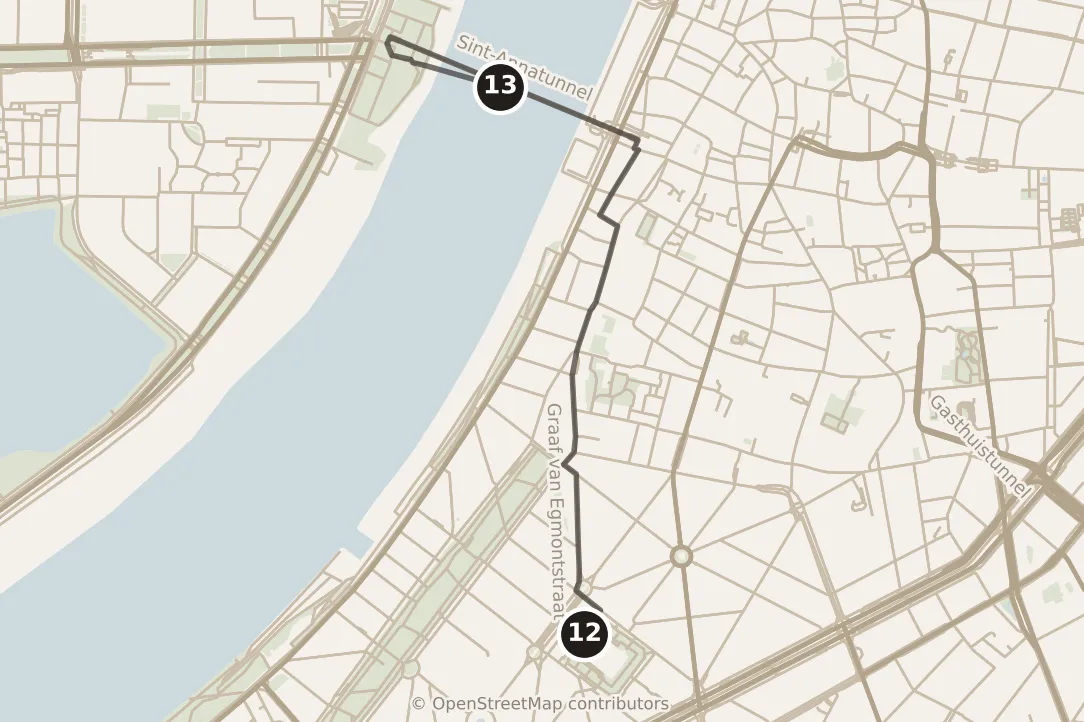 Map of Antwerp, afternoon and evening: stops 12–13, numbered in walking order.