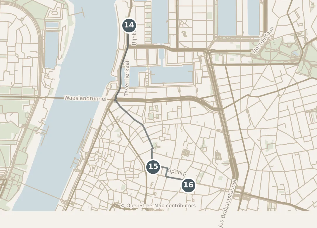 Map of Antwerp, with a third day: stops 14–16, numbered in walking order.