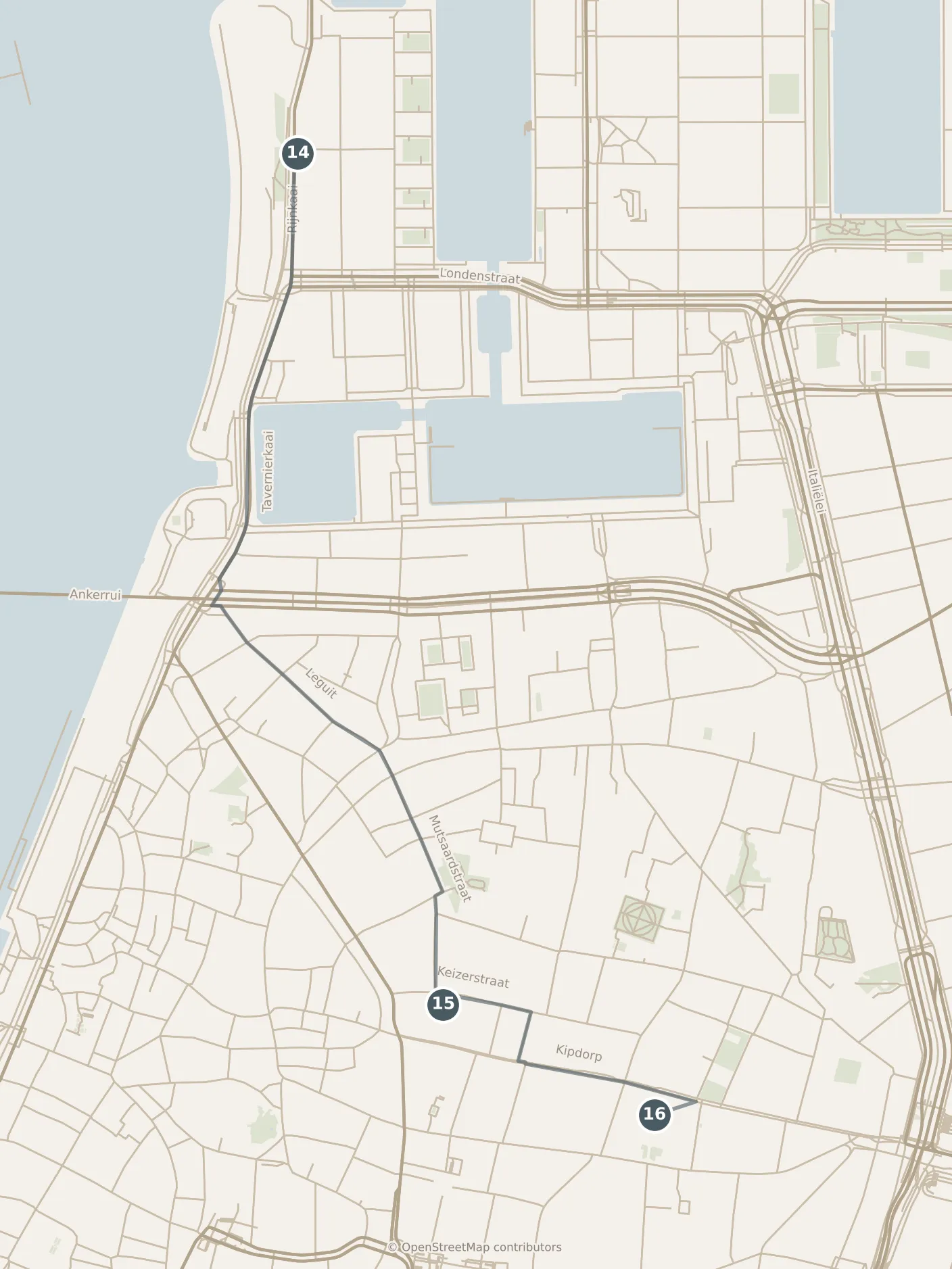 Map of Antwerp, with a third day: stops 14–16, numbered in walking order.