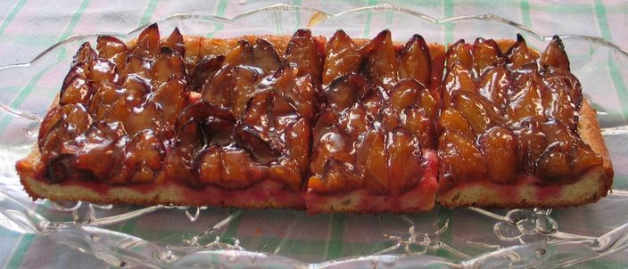A rectangular slab of Zwetschgendatschi on a glass dish: rows of halved damsons stood on end, pressed edge to edge into a thin pale base.
