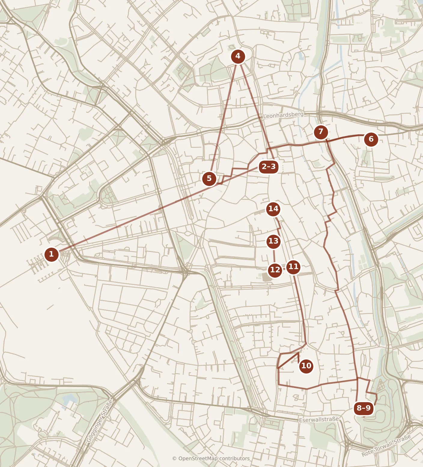Map of Augsburg, the day: stops 1–14, numbered in walking order.