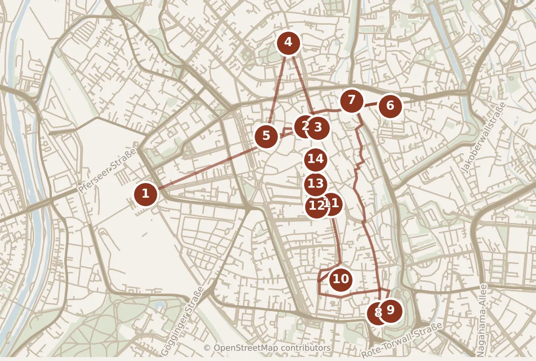 Map of Augsburg, the day: stops 1–14, numbered in walking order.