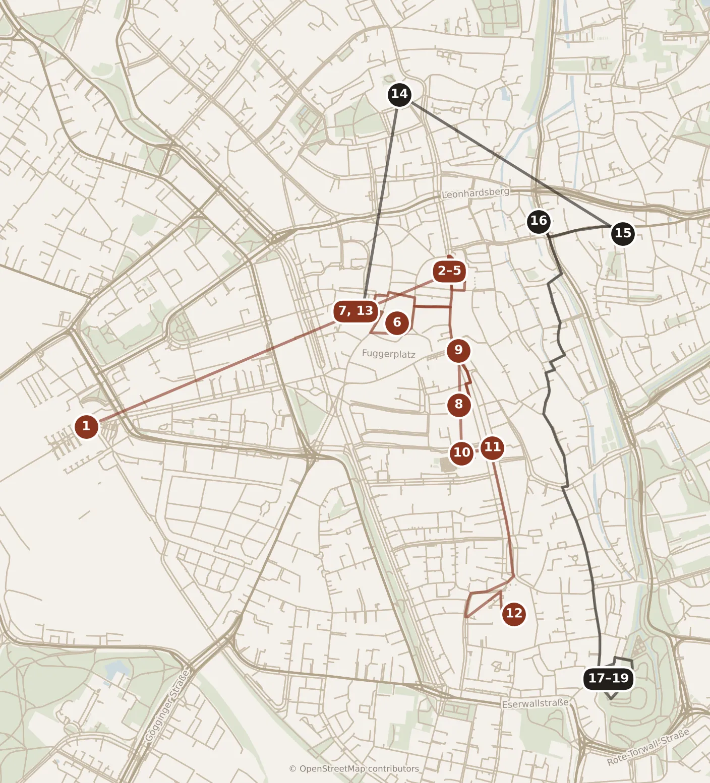Map of Augsburg, day one and day two: stops 1–19, numbered in walking order.