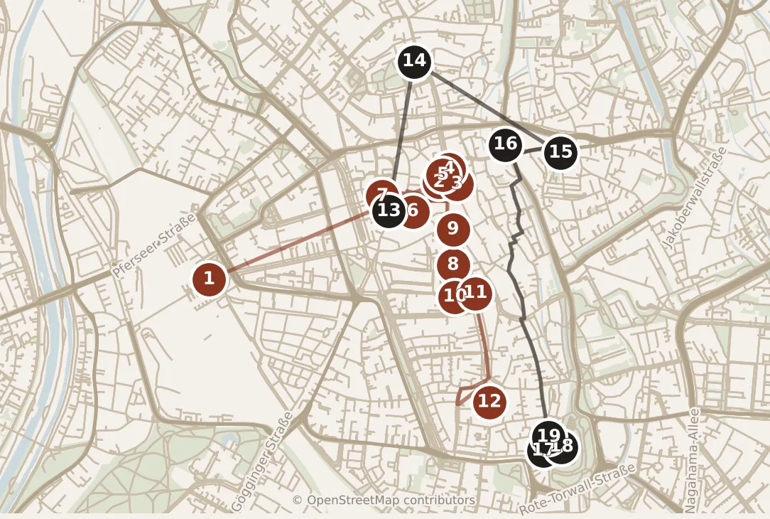 Map of Augsburg, day one and day two: stops 1–19, numbered in walking order.
