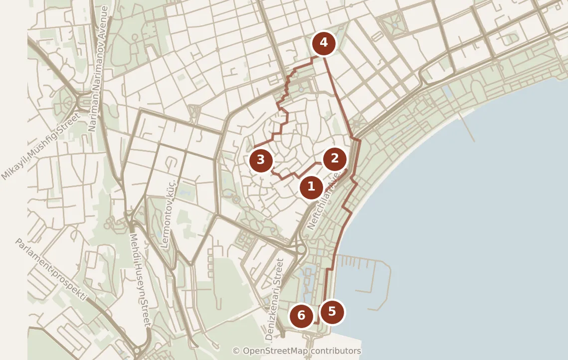 Map of Baku, morning and afternoon: stops 1–6, numbered in walking order.