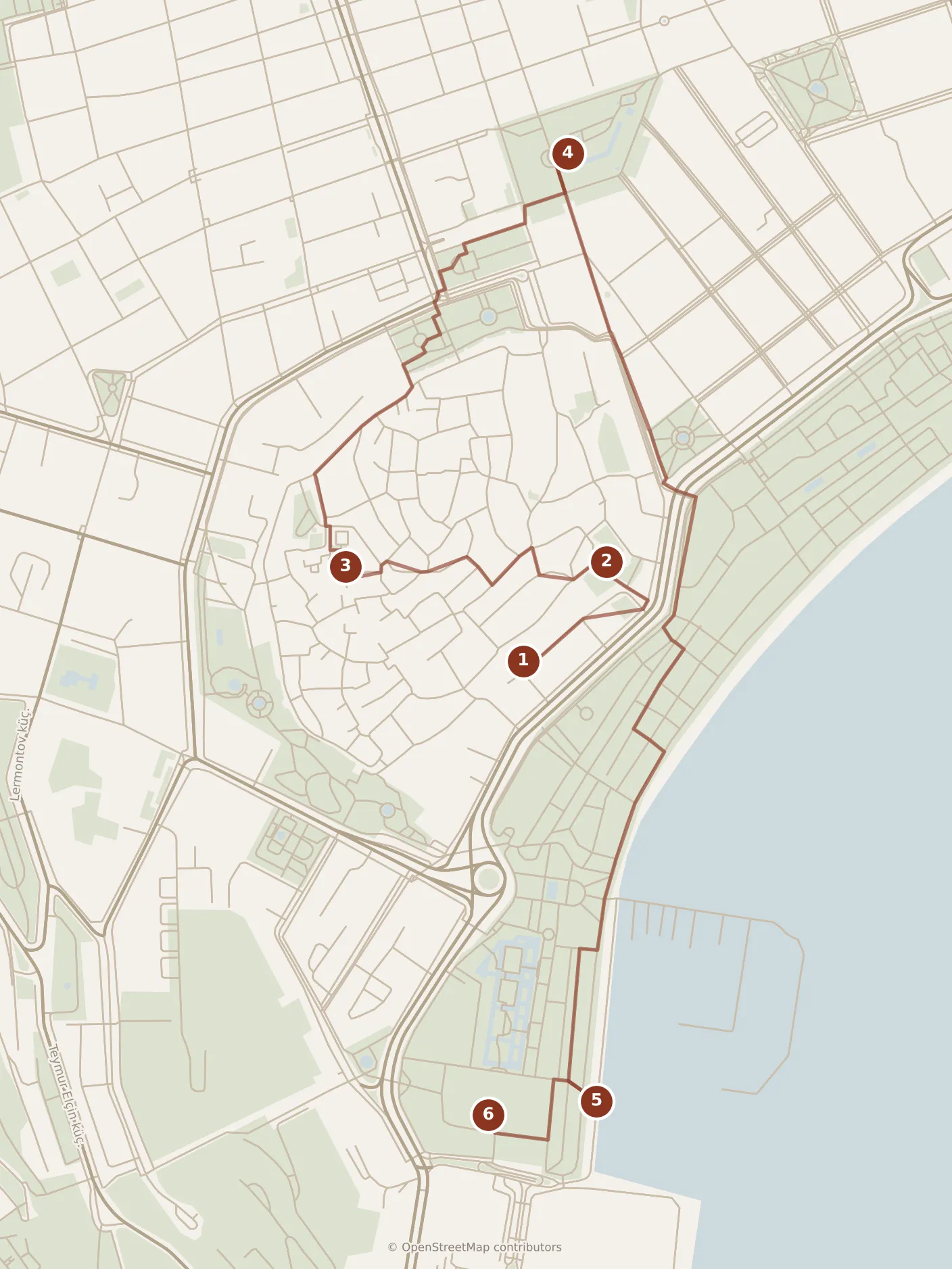 Map of Baku, morning and afternoon: stops 1–6, numbered in walking order.