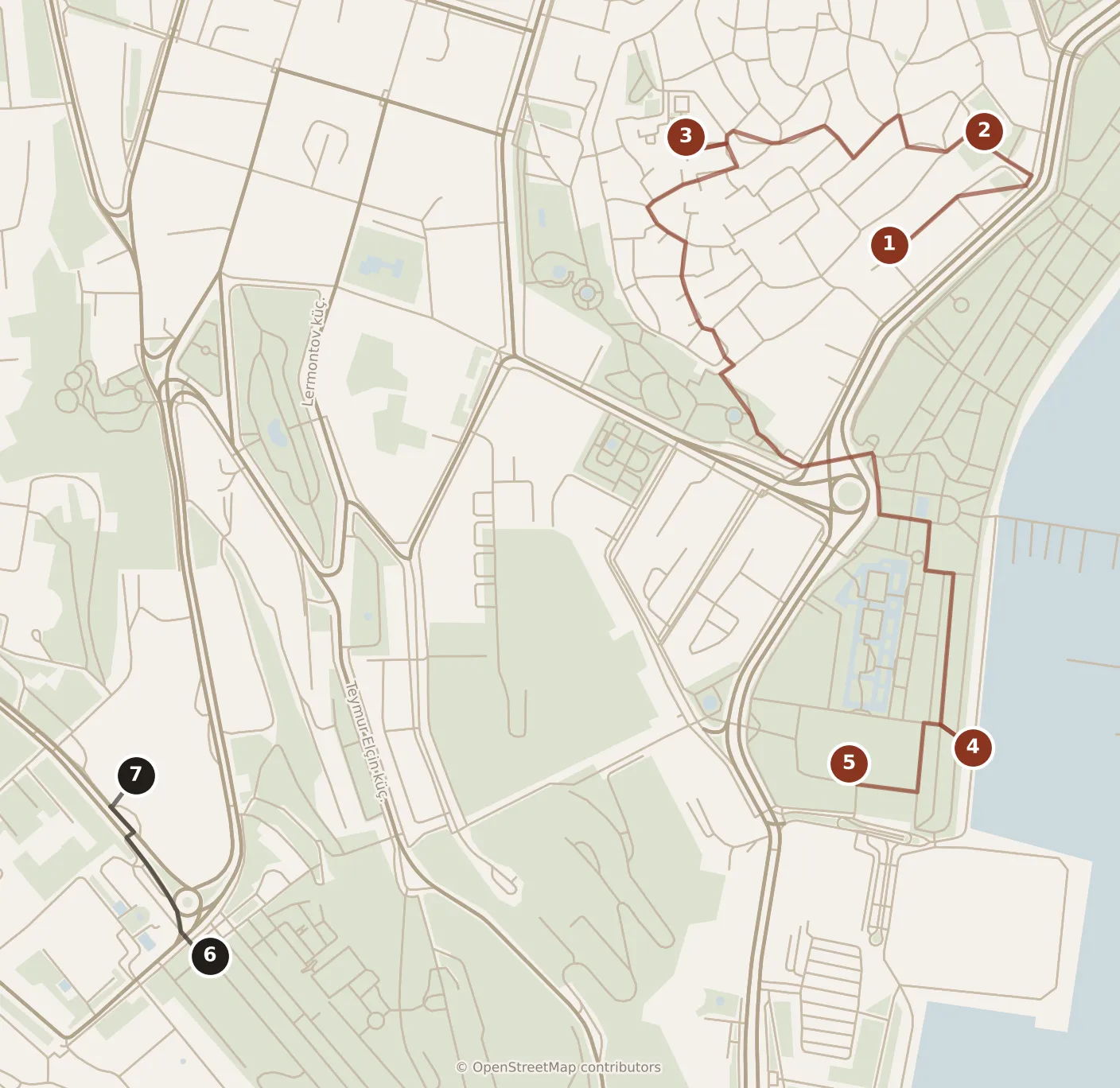 Map of Baku, day one and day two: stops 1–7, numbered in walking order.