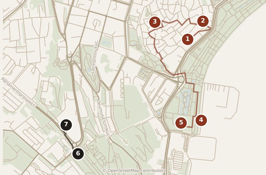 Map of Baku, day one and day two: stops 1–7, numbered in walking order.