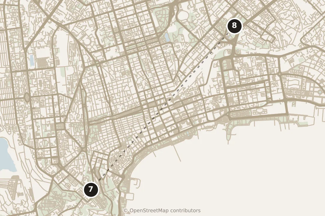 Map of Baku, afternoon: stop 8, numbered in walking order.