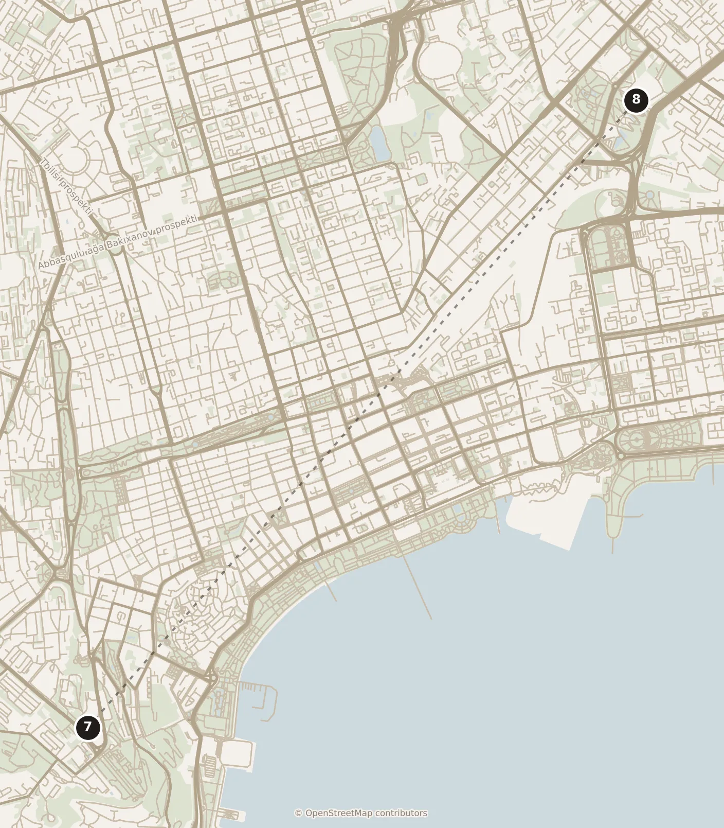 Map of Baku, afternoon: stop 8, numbered in walking order.