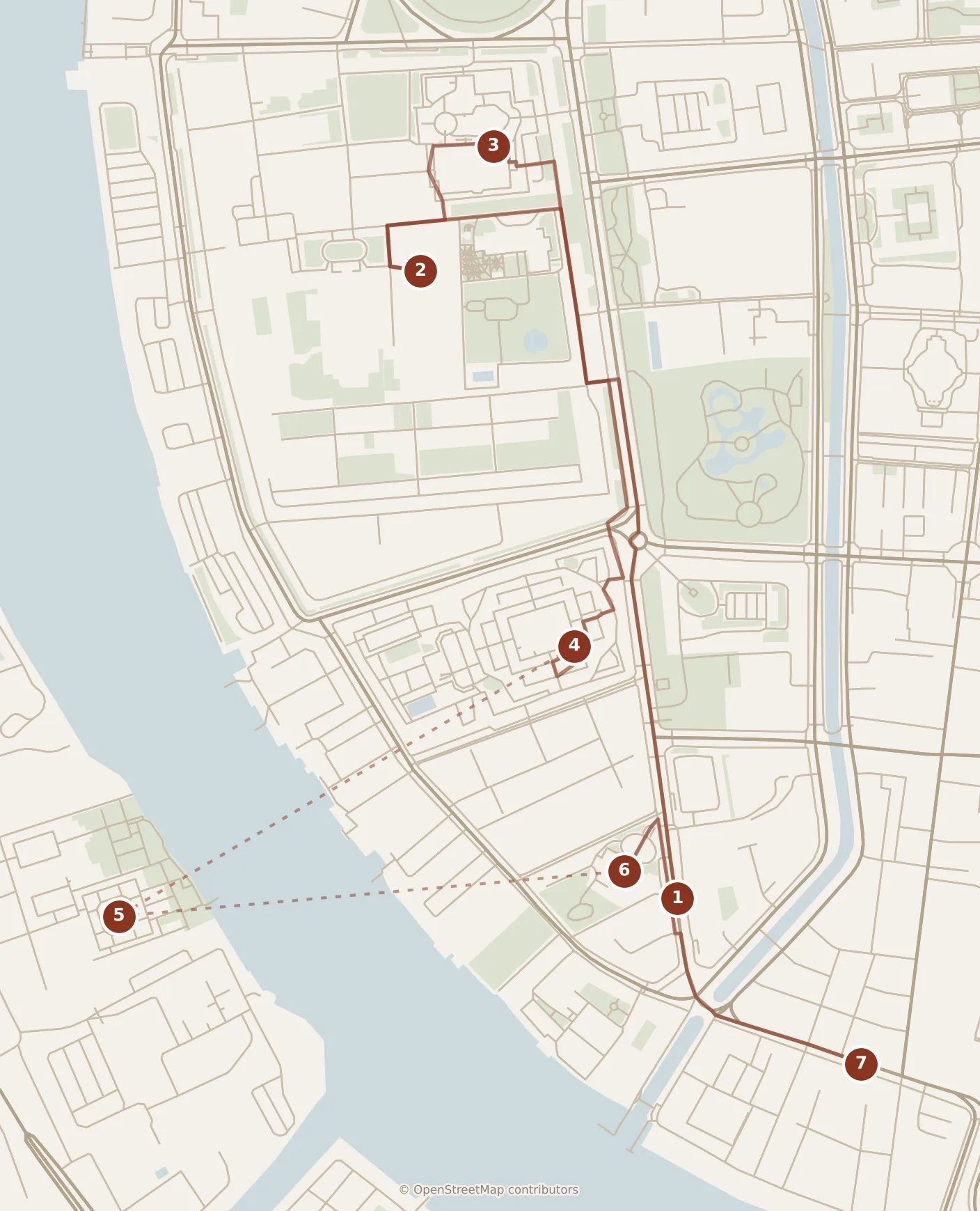 Map of Bangkok, morning and afternoon: stops 1–7, numbered in walking order.