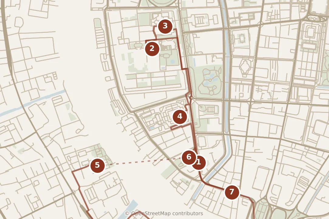 Map of Bangkok, morning and afternoon: stops 1–7, numbered in walking order.