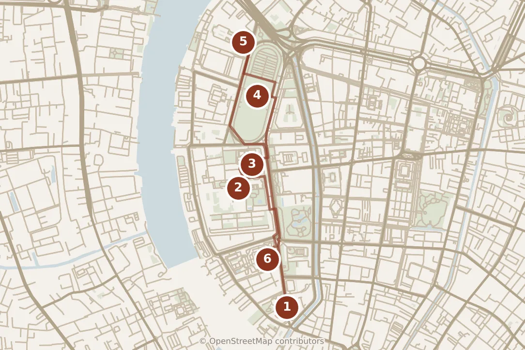 Map of Bangkok, morning and afternoon: stops 1–6, numbered in walking order.