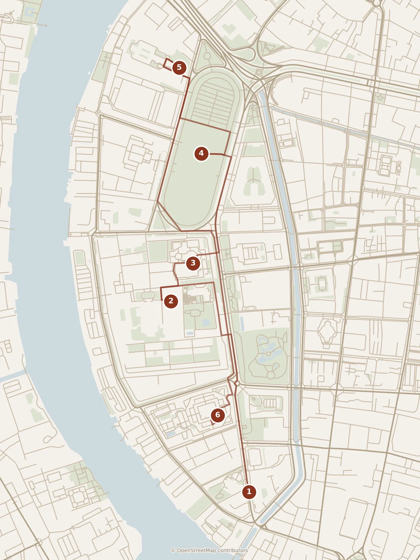 Map of Bangkok, morning and afternoon: stops 1–6, numbered in walking order.