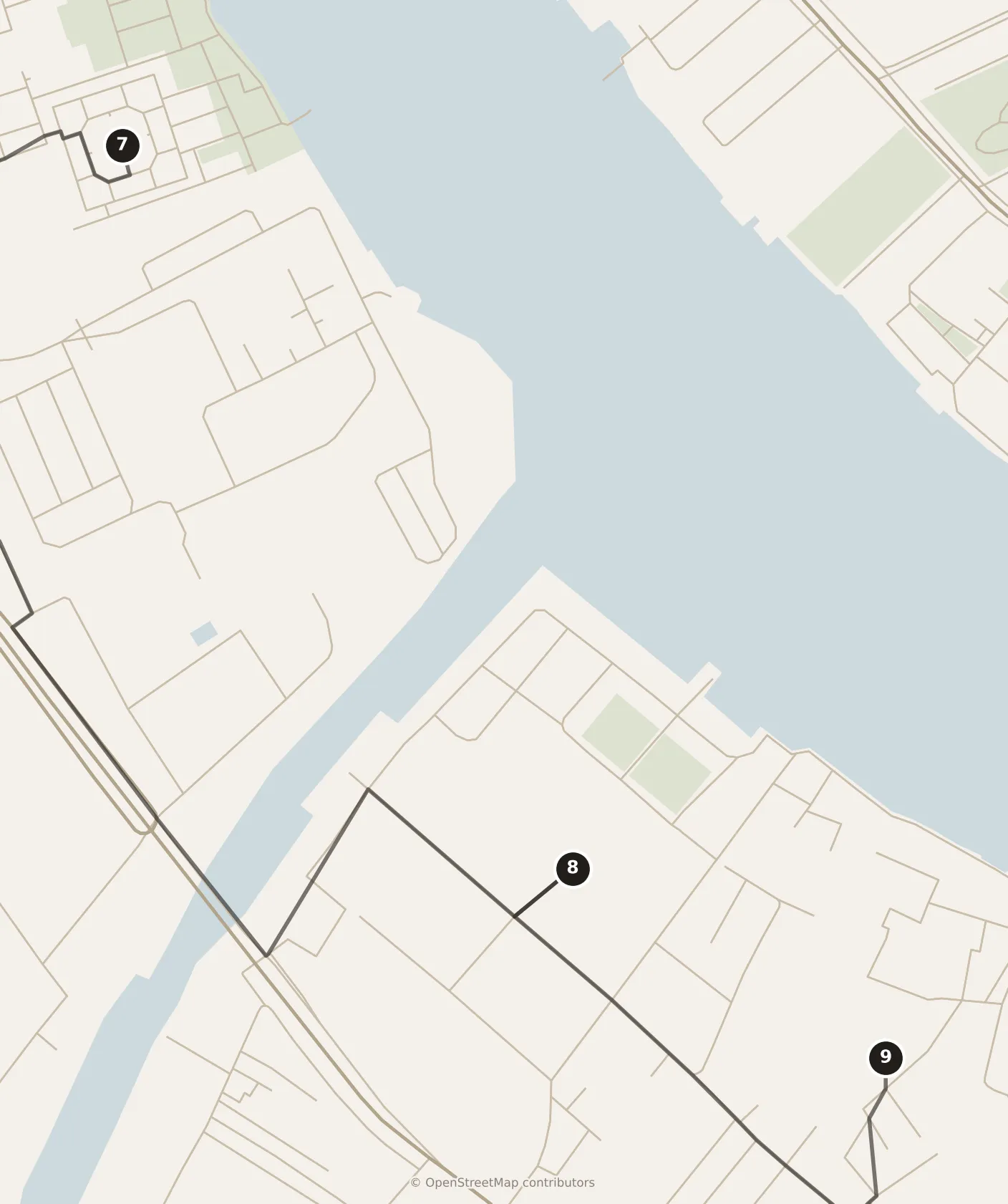 Map of Bangkok, morning: stops 7–9, numbered in walking order.