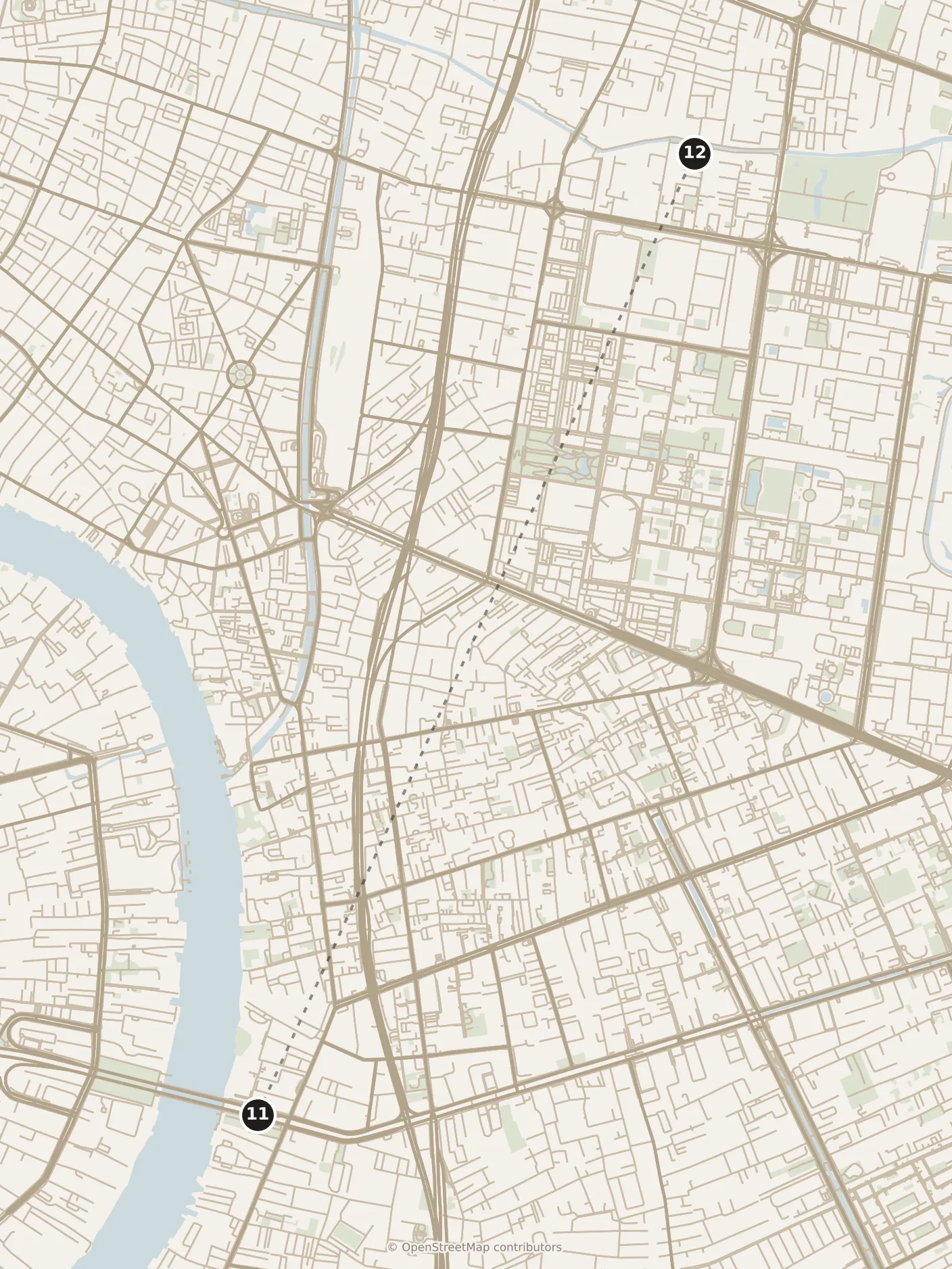 Map of Bangkok, afternoon: stop 12, numbered in walking order.