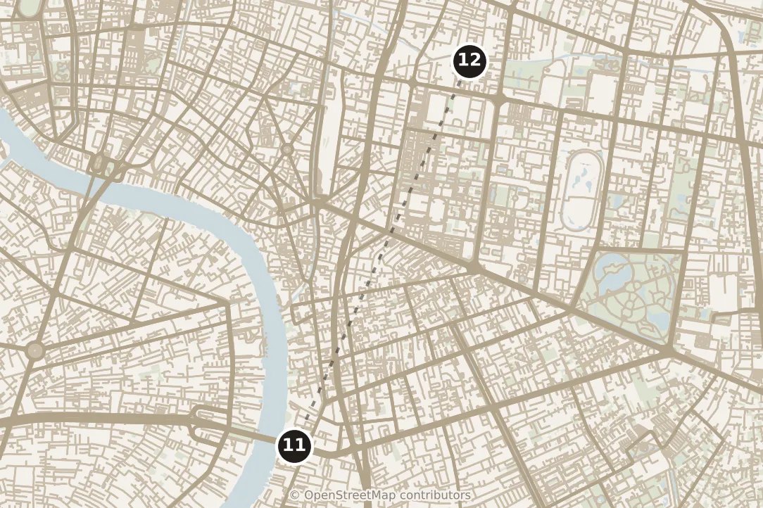 Map of Bangkok, afternoon: stop 12, numbered in walking order.