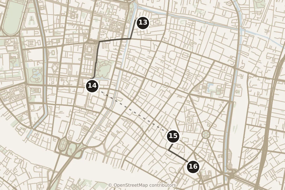 Map of Bangkok, evening: stops 13–16, numbered in walking order.