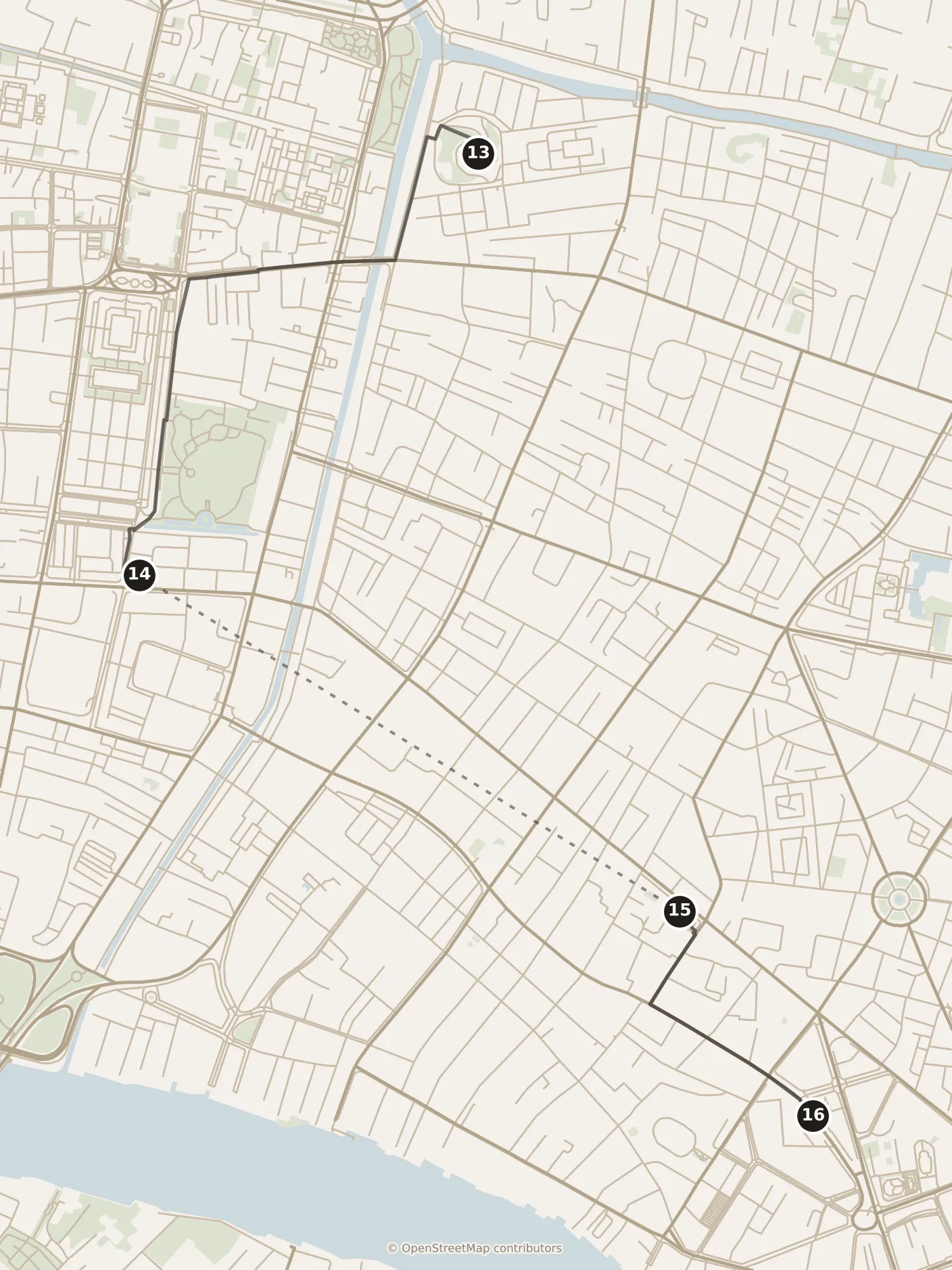 Map of Bangkok, evening: stops 13–16, numbered in walking order.