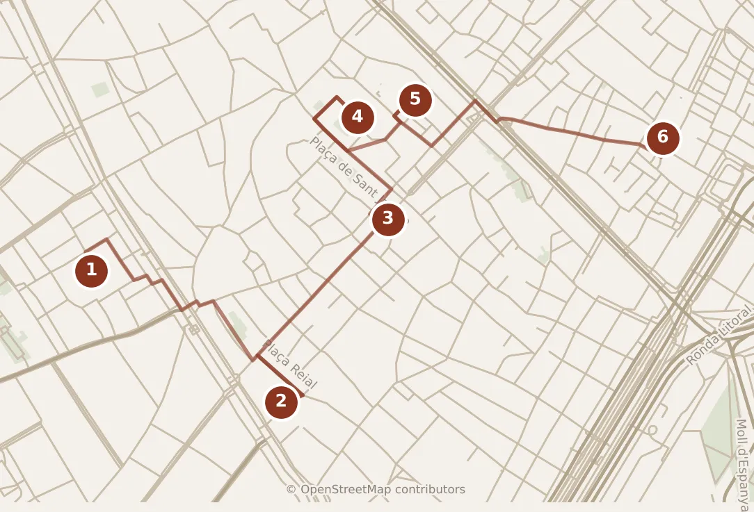 Map of Barcelona, morning: stops 1–6, numbered in walking order.
