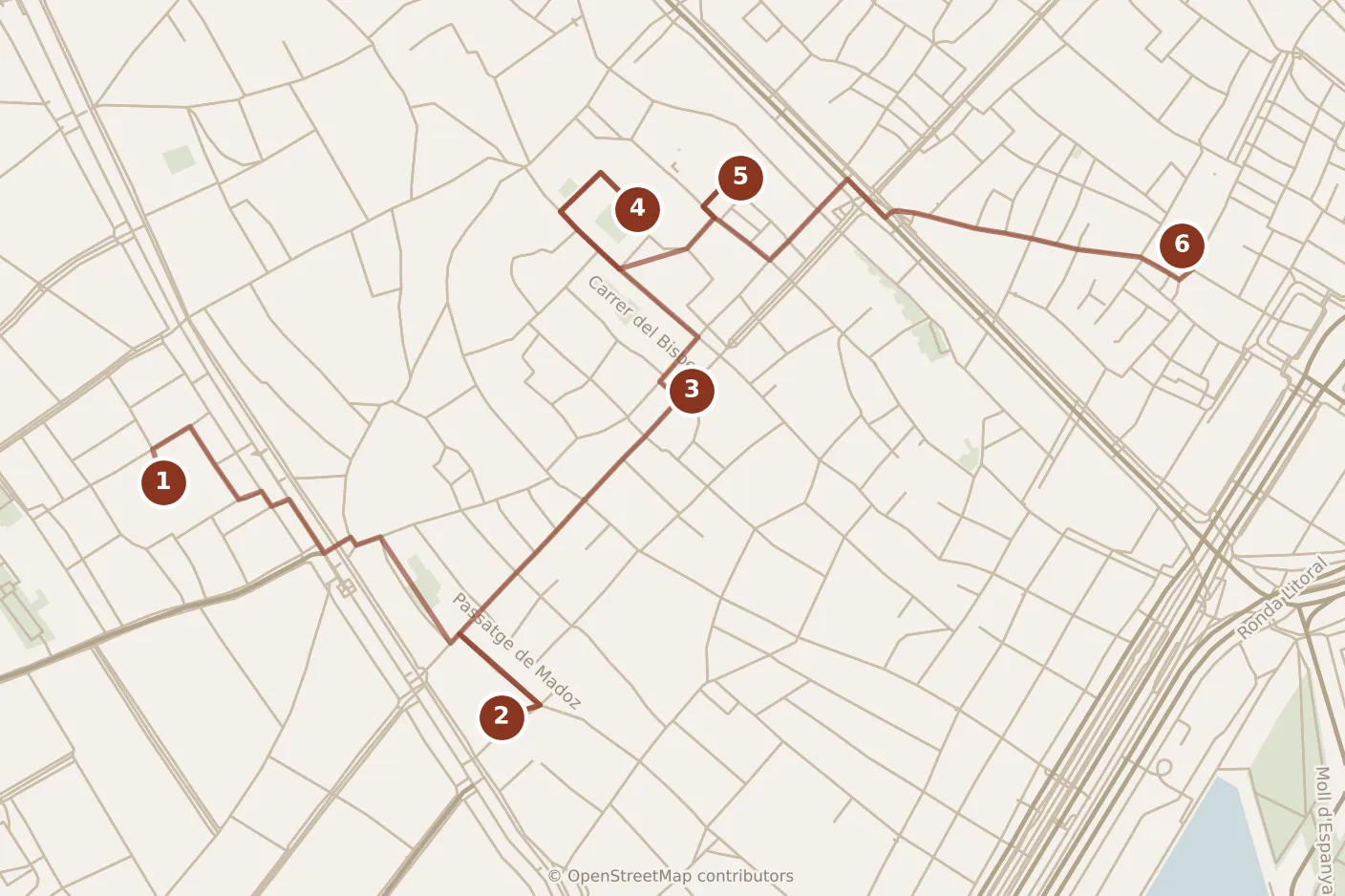 Map of Barcelona, morning: stops 1–6, numbered in walking order.