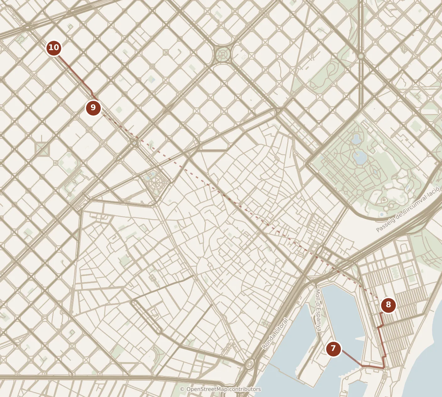 Map of Barcelona, afternoon: stops 7–10, numbered in walking order.
