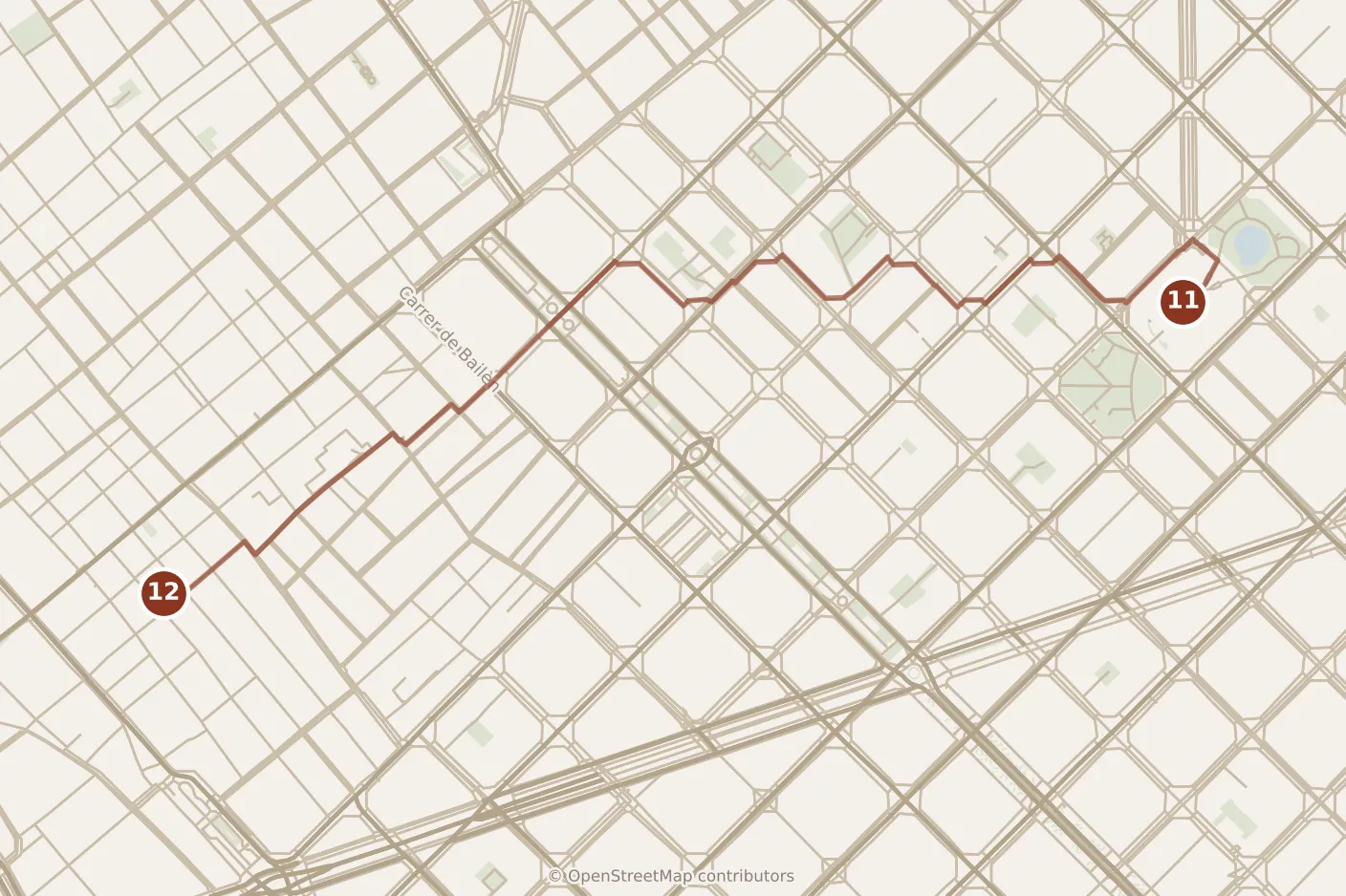 Map of Barcelona, evening: stops 11–12, numbered in walking order.