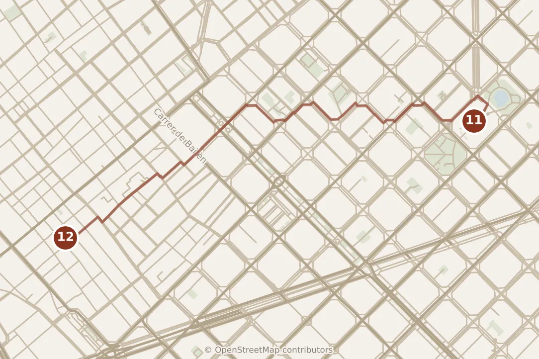 Map of Barcelona, evening: stops 11–12, numbered in walking order.